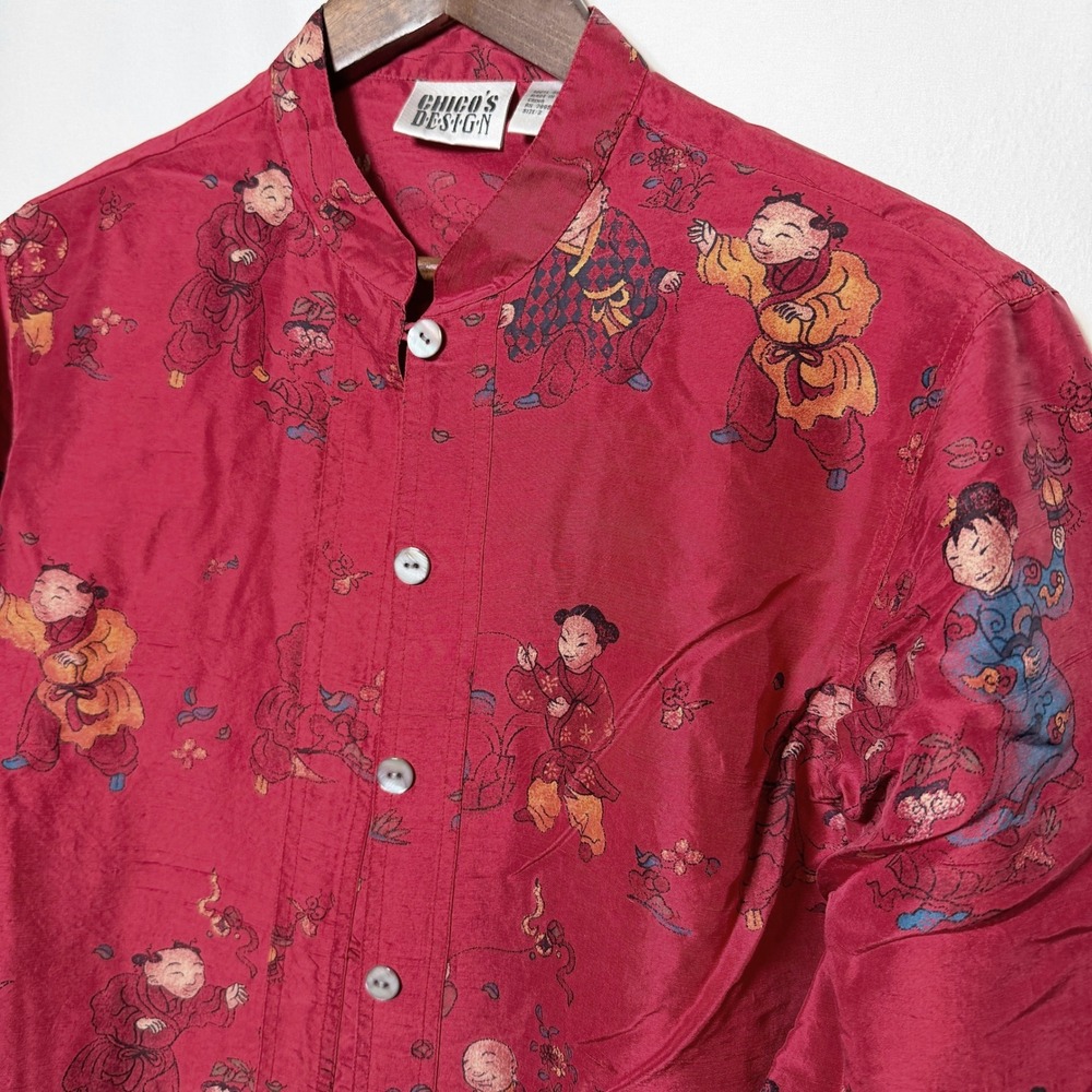 Chicos Design 100% Silk Red Chinese Novelty Print Mandarin Collar Shirt 2/Large